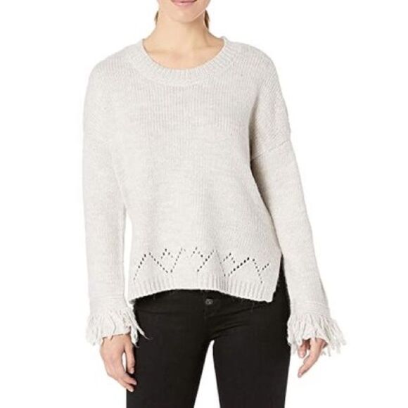 BB Dakota Sweaters - Cream Crew Neck Sweater with Ribbed Cuffs and Asymmetrical Hem